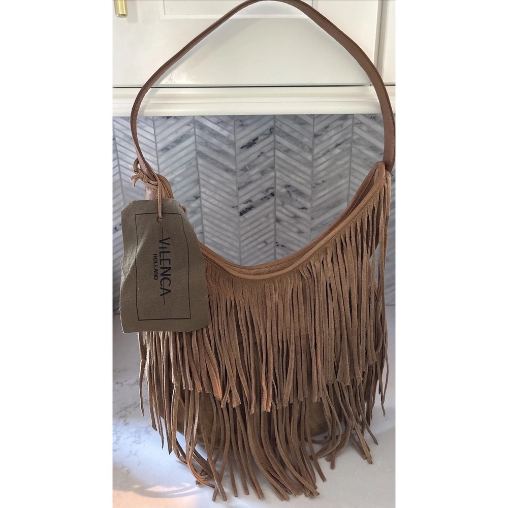 Vilenca Holland Light Brown Tan Suede Fringe Hobo Bag Boho Festival Western New